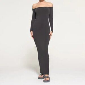 Skims Off the Shoulder Long Sleeve Maxi Dress XS Ash Gray Bodycon Stretch